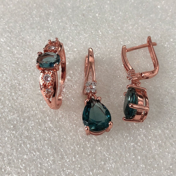 Teal Pear CZ Rose Gold Jewelry Set