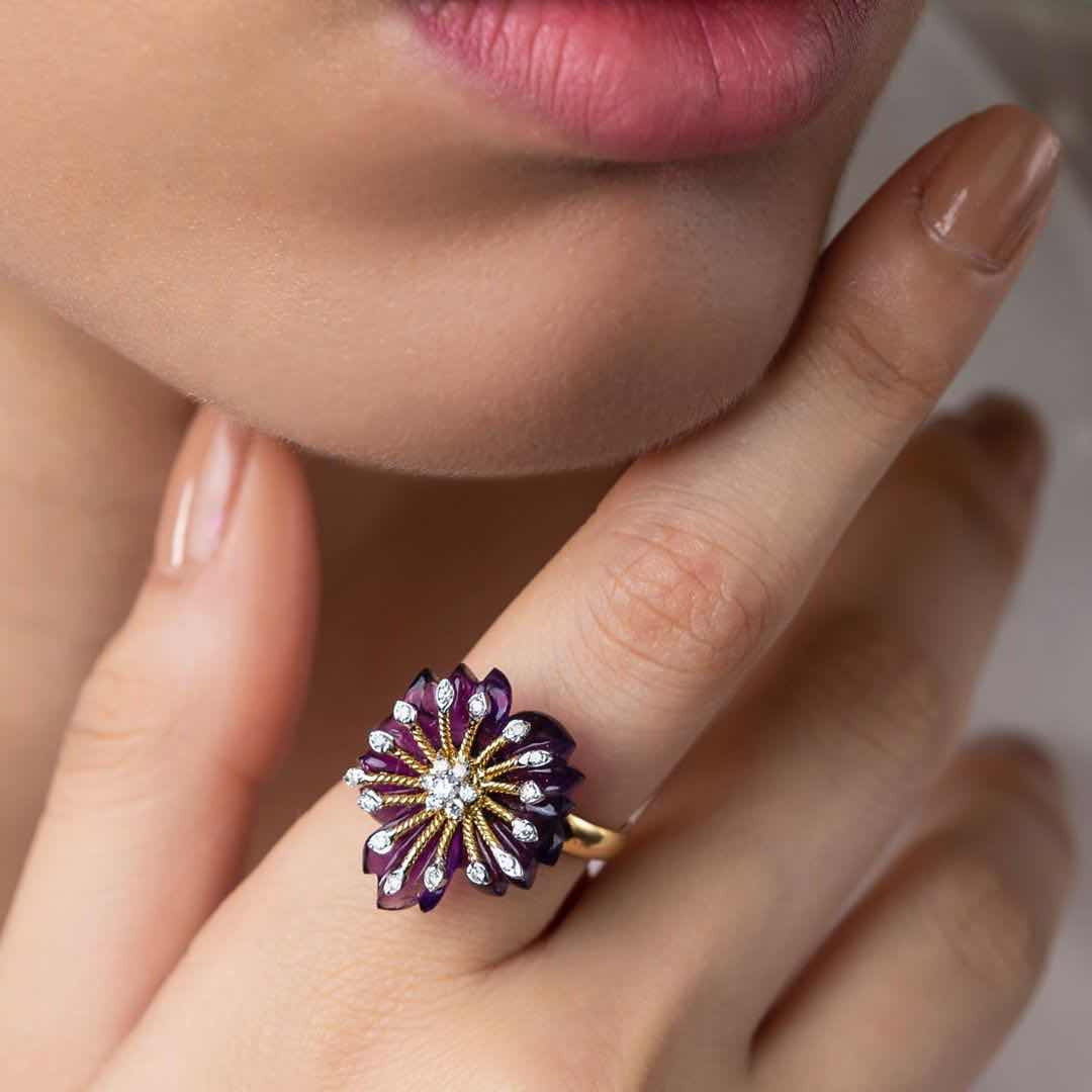 Purple Enamel Daisy Flower Ring