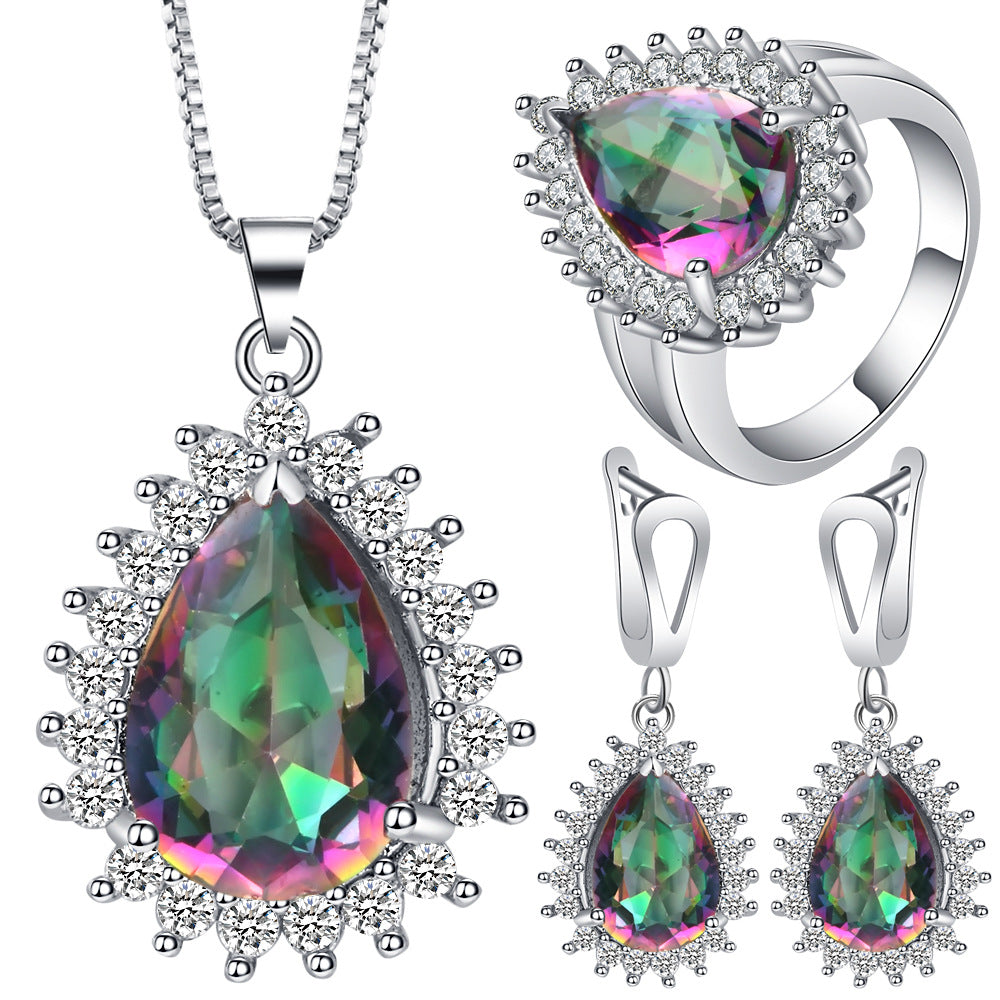 Rainbow Mystic Pear CZ Starburst Jewelry Set