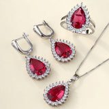Ruby-Red Pear CZ Halo Jewelry Set