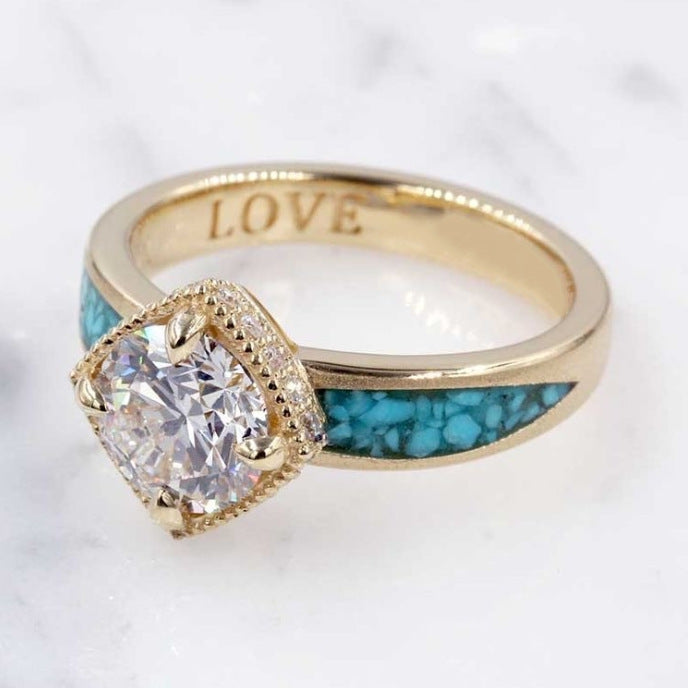 Turquoise-Look Inlay Engraved Love Ring