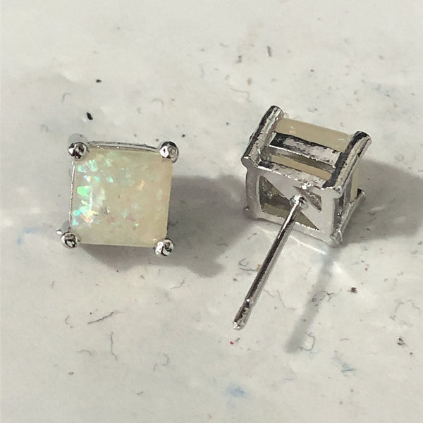 White Opal-Look Square Prong Stud Earrings
