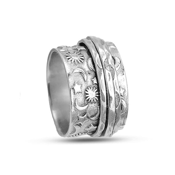 Sun Moon Star Engraved Spinner Ring