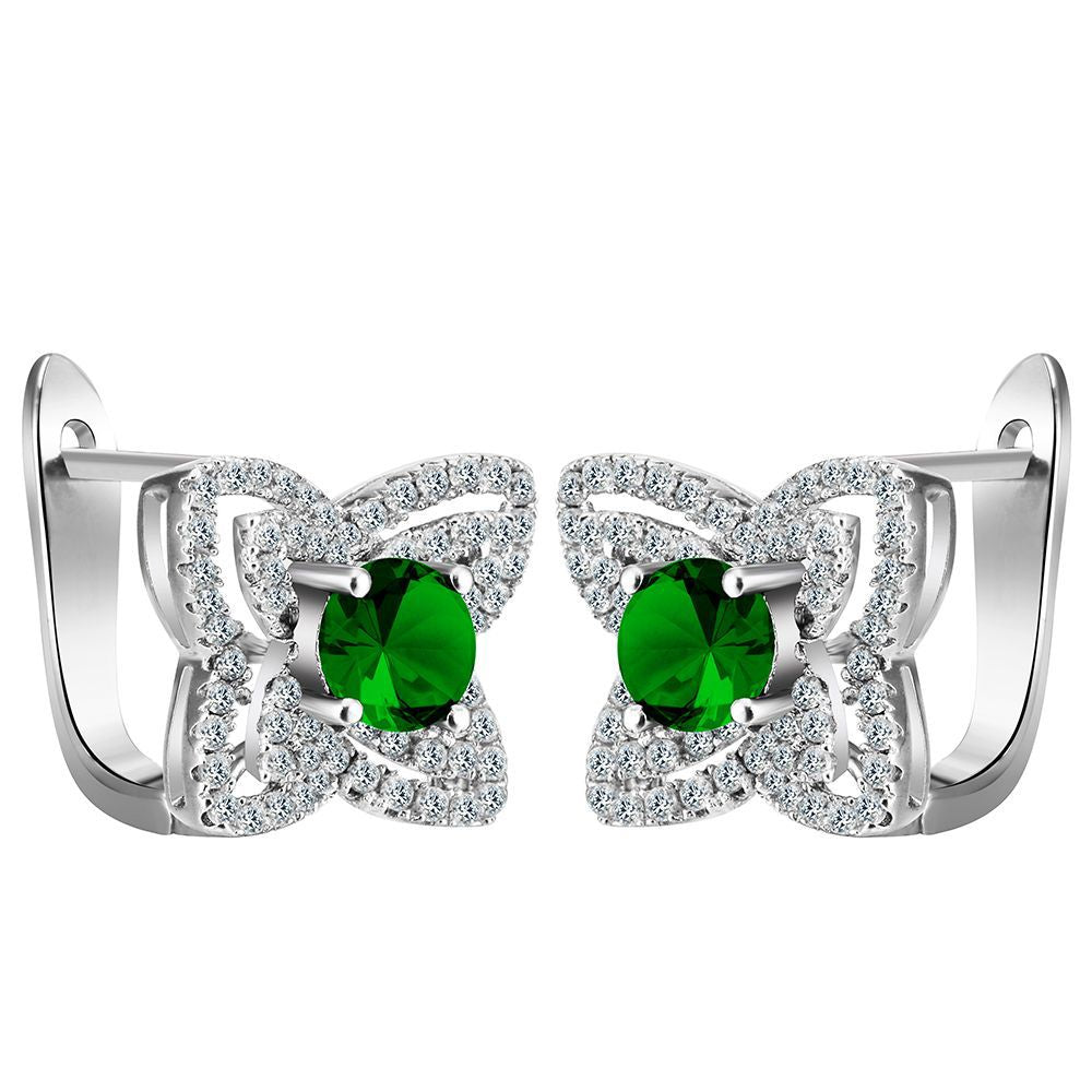 Green Round CZ Butterfly Halo Leverback Earrings