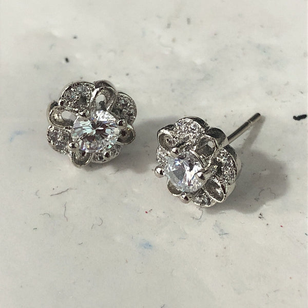 Clear CZ Flower Halo Stud Earrings
