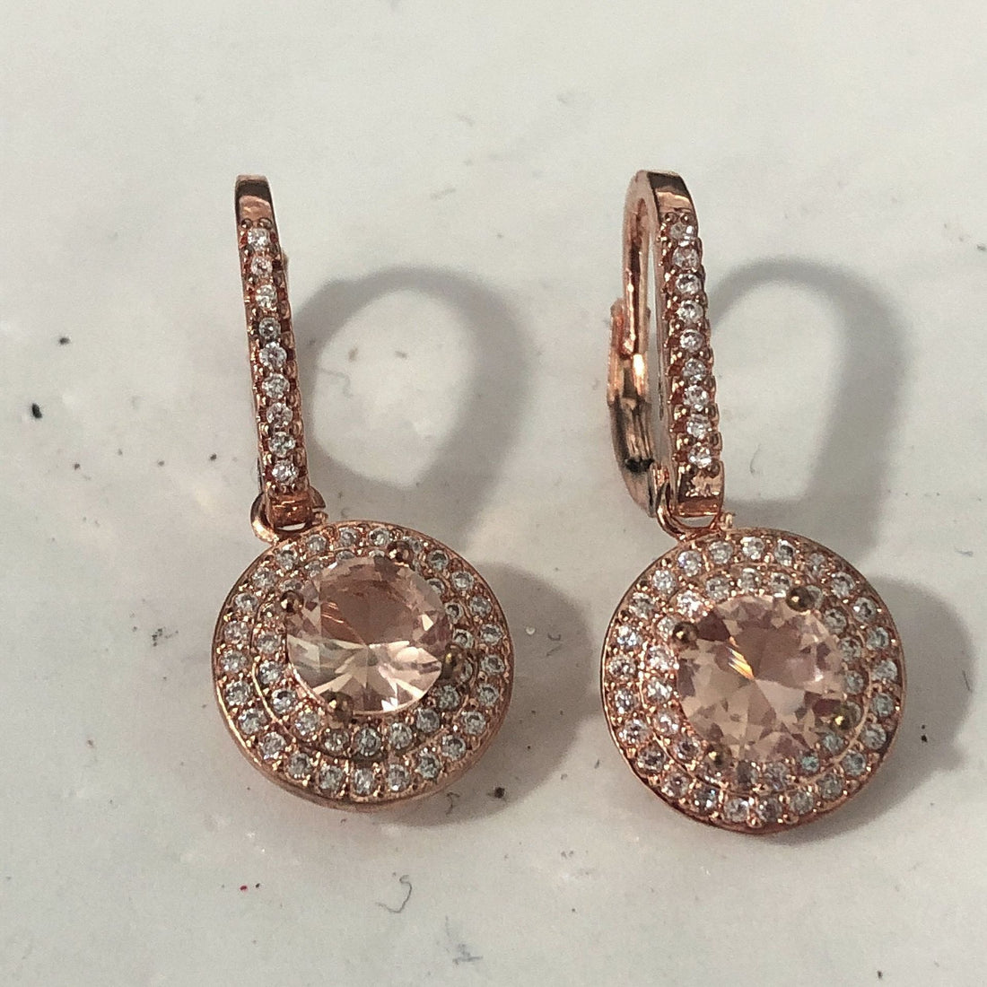 Champagne Round CZ Double Halo Drop Earrings
