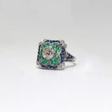 Art Deco Square Green Blue CZ Halo Ring