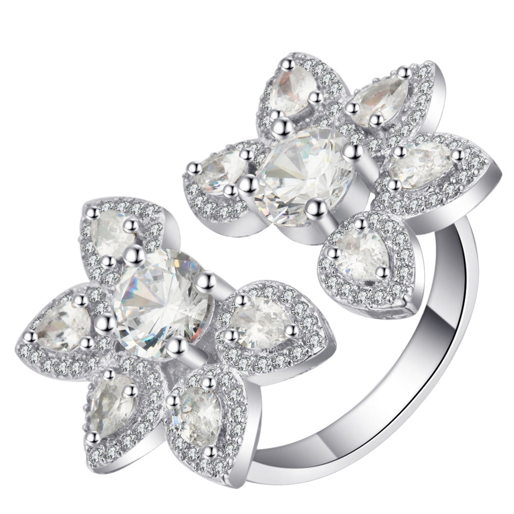 Pear CZ Double Flower Open Bypass Ring