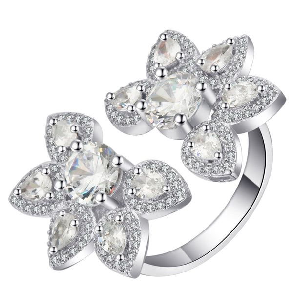 Pear CZ Double Flower Open Bypass Ring