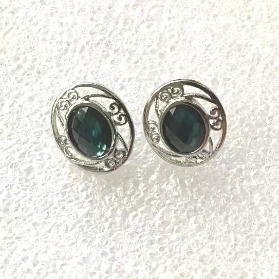 Dark Teal Oval Stone Scroll Stud Earrings