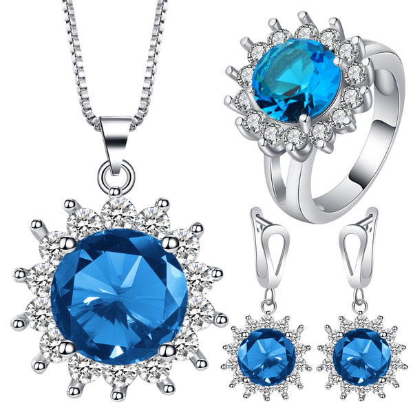 Sapphire-Blue Sunburst Halo Jewelry Set