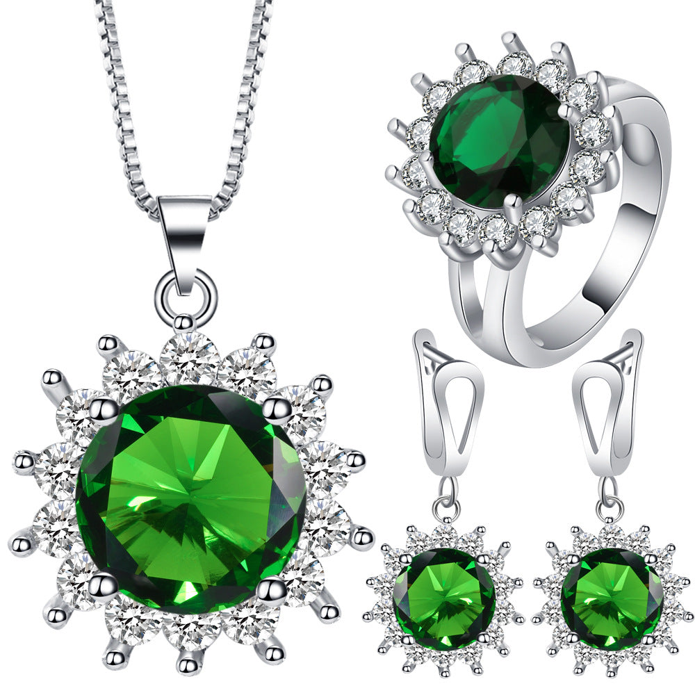 Emerald-Green Sunburst Halo Jewelry Set