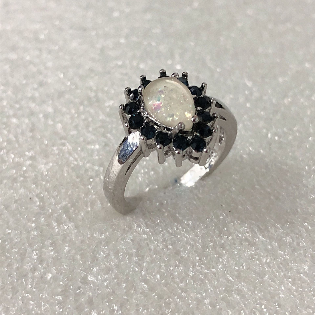 Opal-Look Pear Black CZ Halo Ring