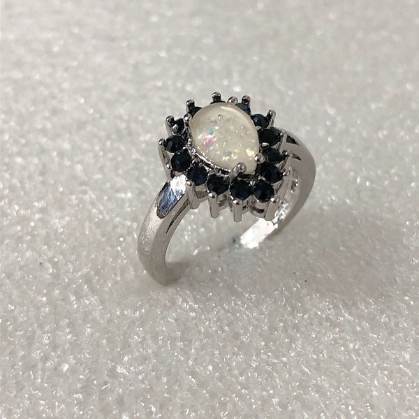 Opal-Look Pear Black CZ Halo Ring
