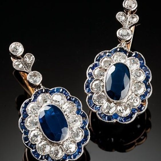 Sapphire-Blue Oval CZ Flower Halo Drop Earrings