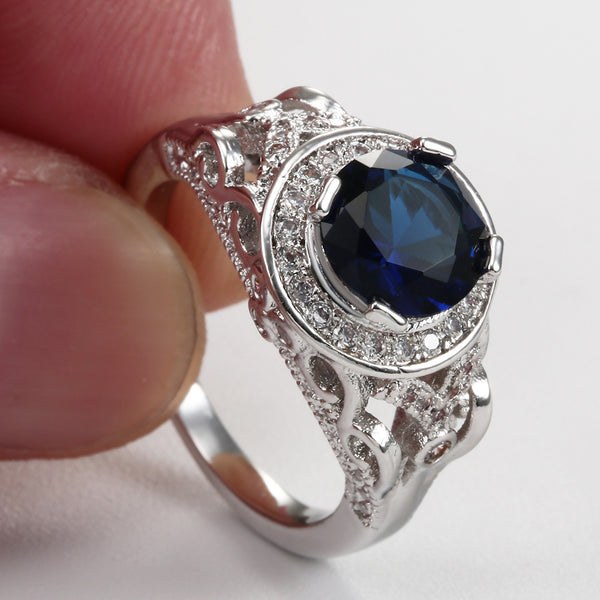 Sapphire-Blue Round CZ Filigree Ring