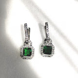 Emerald-Green Square CZ Halo Drop Earrings