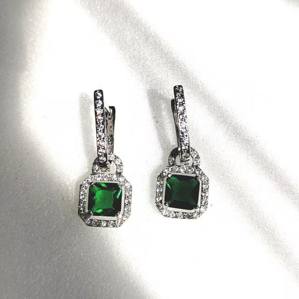 Emerald-Green Square CZ Halo Drop Earrings