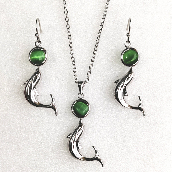 Dolphin Green Bead Necklace and Earrings Set