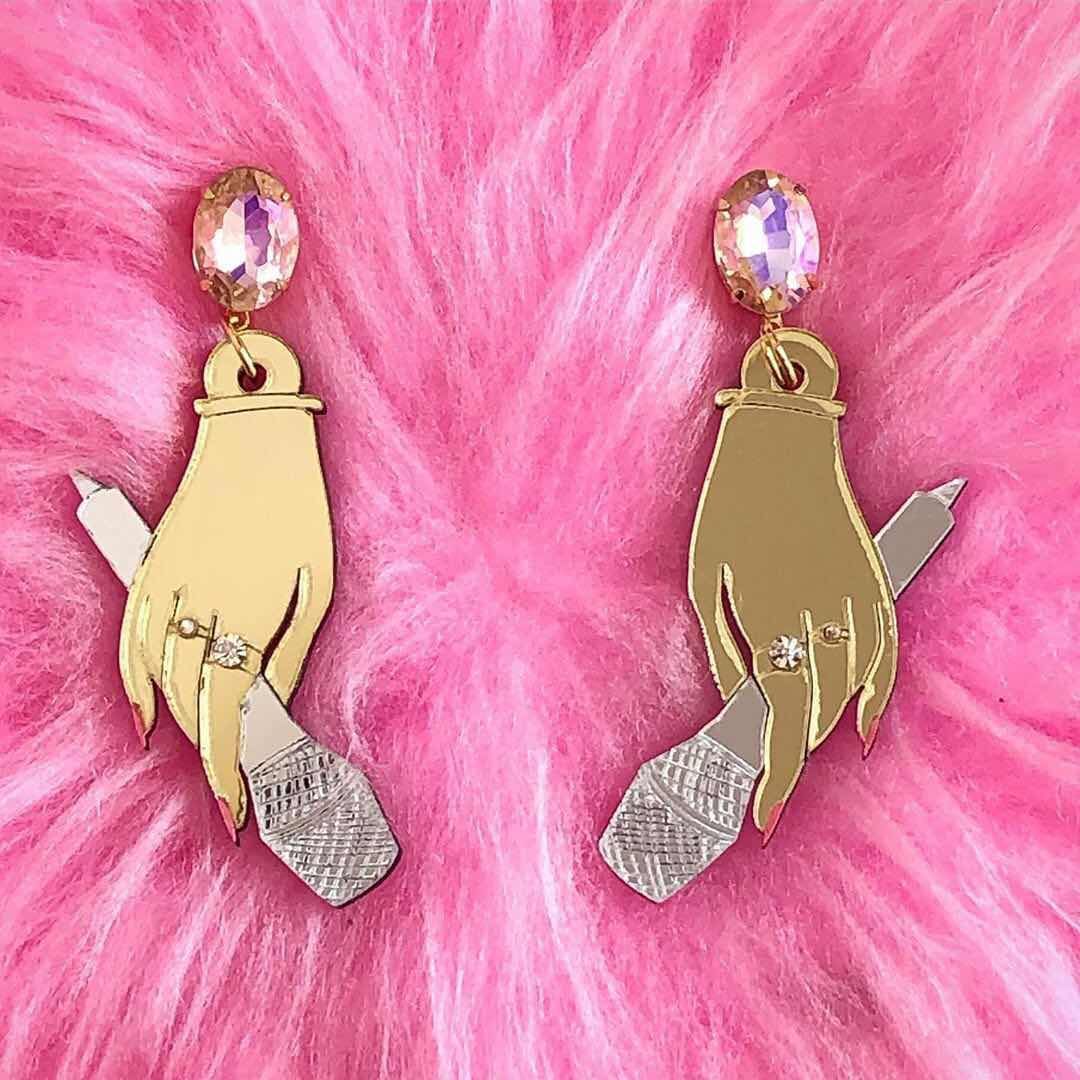 Gold Hand Holding Microphone Drop Earrings