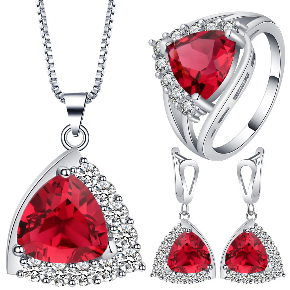 Ruby-Red Trillion CZ Halo Jewelry Set