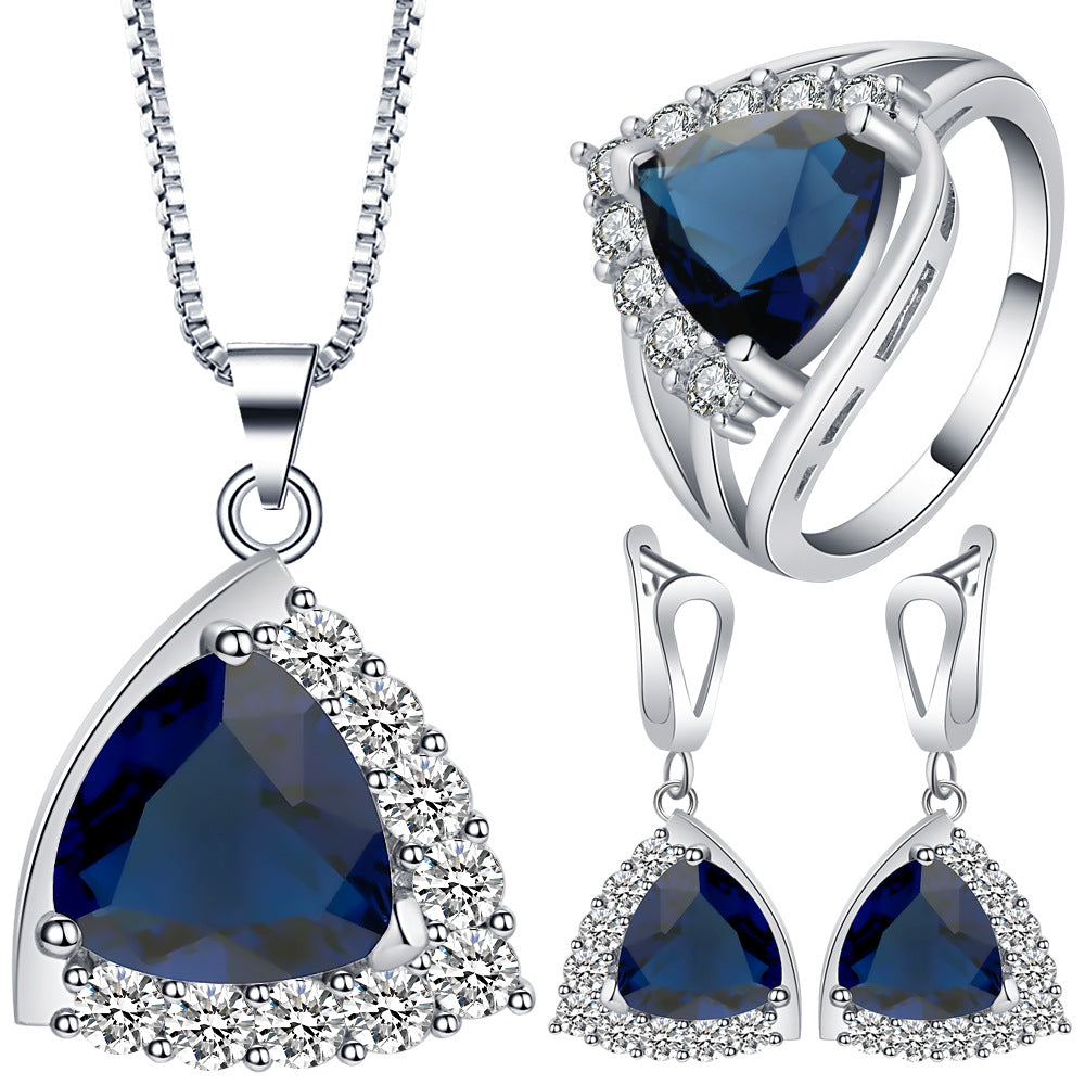 Sapphire-Blue Trillion CZ Halo Jewelry Set