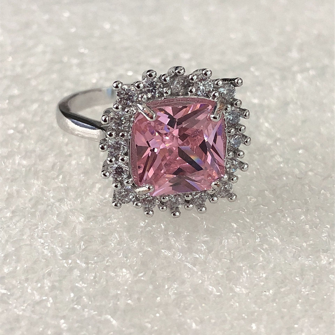 Pink Cushion CZ Double Halo Ring