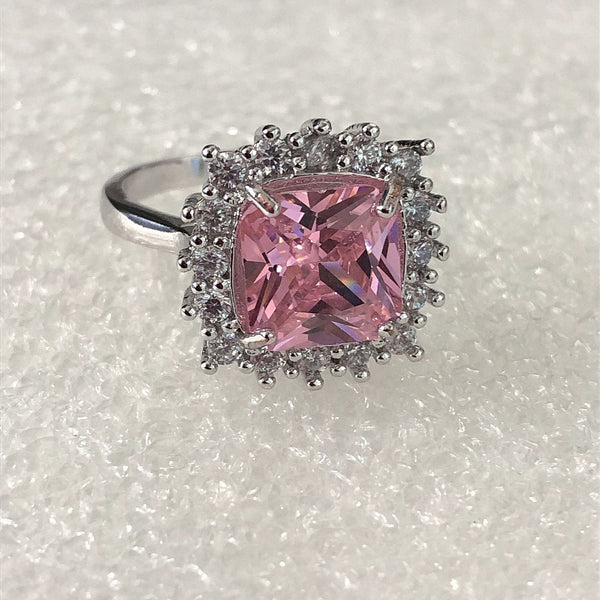 Pink Cushion CZ Double Halo Ring