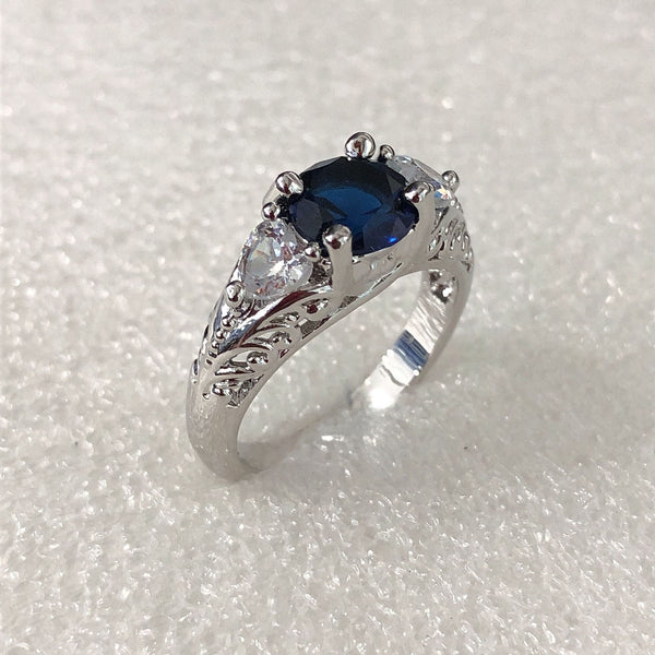 Sapphire-Blue Oval CZ Engraved Shoulder Ring