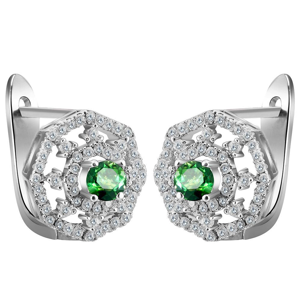 Green Round CZ Octagon Lace Leverback Earrings