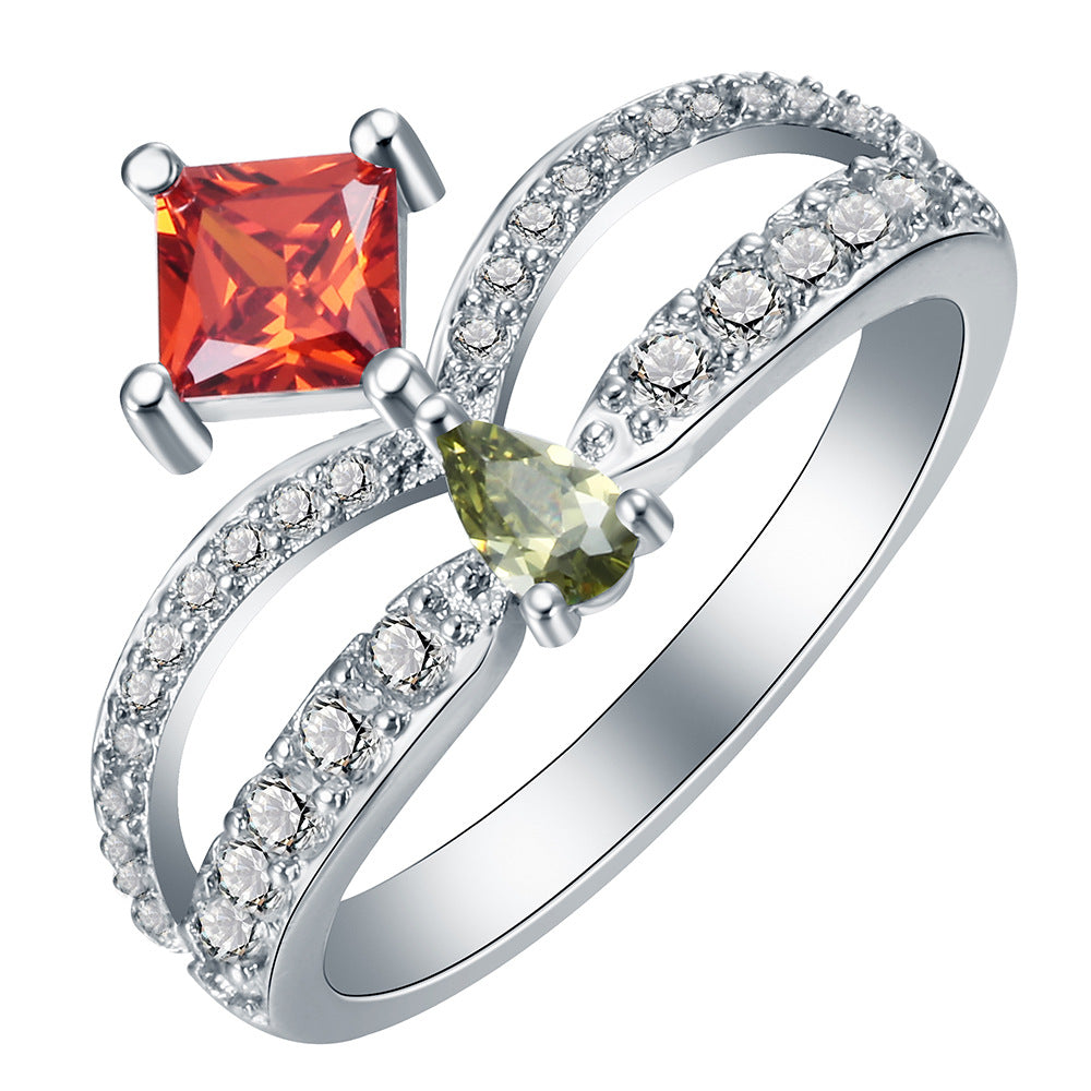Orange-Red and Olive CZ Split Wave Ring