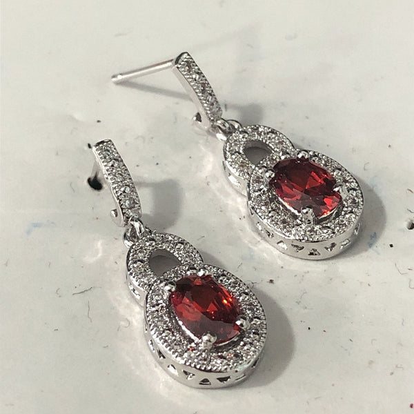 Red Oval CZ Openwork Halo Drop Earrings