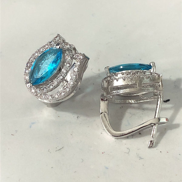 Aqua Teardrop CZ Halo Leverback Earrings