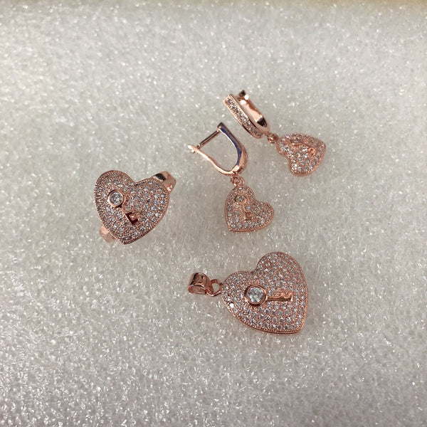 Pavé CZ Heart Lock Pendant Earring Set
