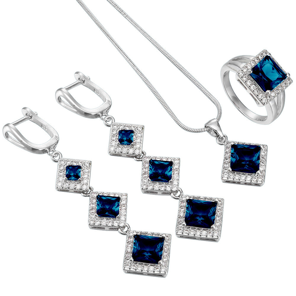 Sapphire-Blue Square CZ Tiered Drop Jewelry Set