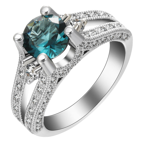 Teal Round CZ Split-Shank Pavé Ring