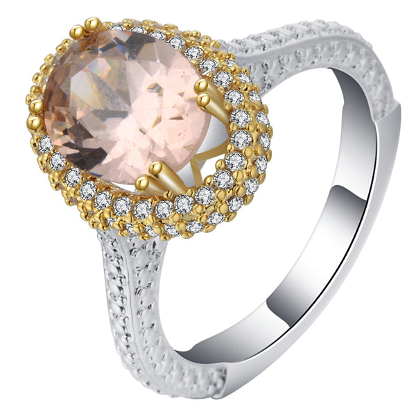 Peach Oval CZ Gold Halo Two-Tone Ring