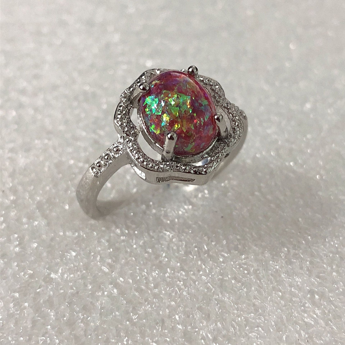 Red Opal-Look Oval Scalloped Halo Ring