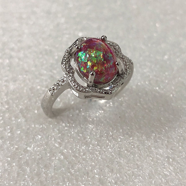 Red Opal-Look Oval Scalloped Halo Ring