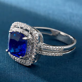Sapphire-Blue Cushion CZ Double Halo Ring