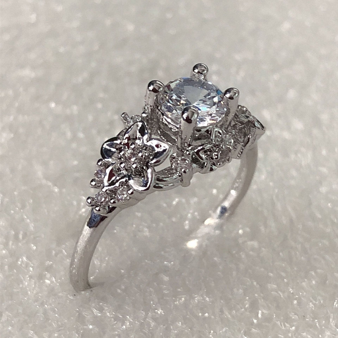 Round CZ Floral Gallery Solitaire Ring