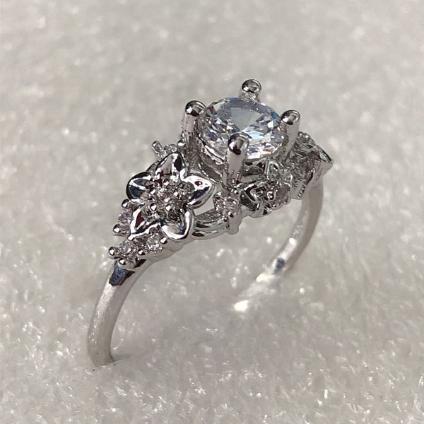 Round CZ Floral Gallery Solitaire Ring