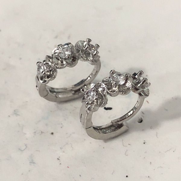 Clear CZ Three-Flower Huggie Earrings
