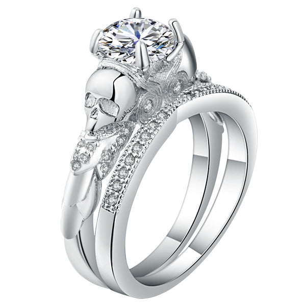 Round CZ Skull Shoulder Bridal Ring Set