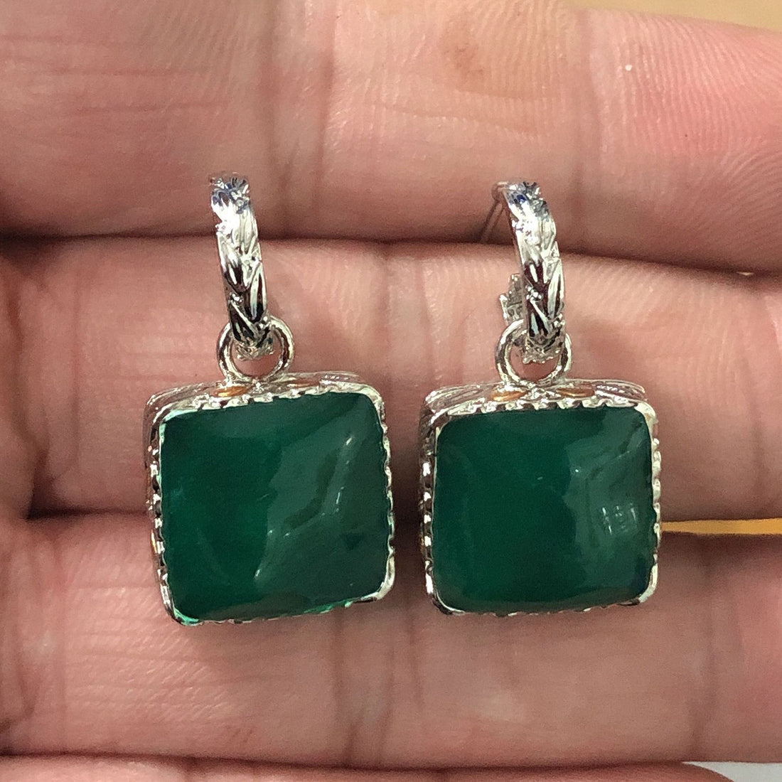 Dark Green Square CZ Bezel Drop Earrings