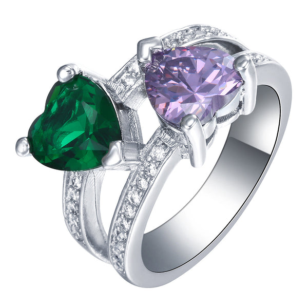 Green and Purple Heart Two-Stone Ring