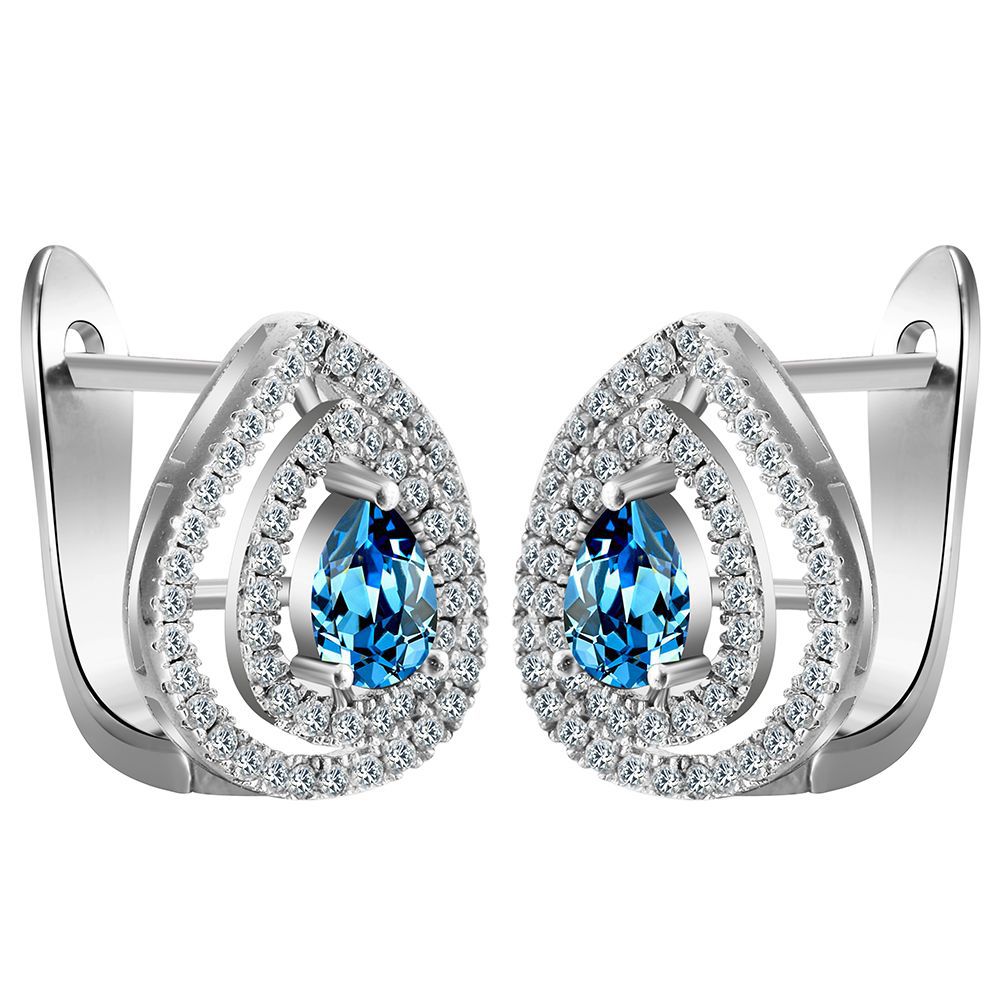 Aqua Pear CZ Teardrop Halo Leverback Earrings