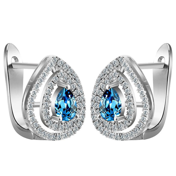 Aqua Pear CZ Teardrop Halo Leverback Earrings
