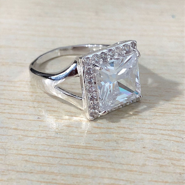 Clear Princess CZ Halo Split-Shank Ring