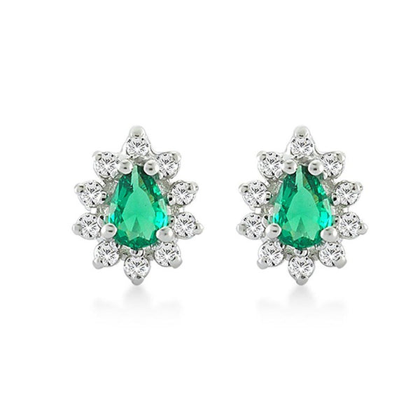 Emerald-Green Pear CZ Sunburst Halo Stud Earrings